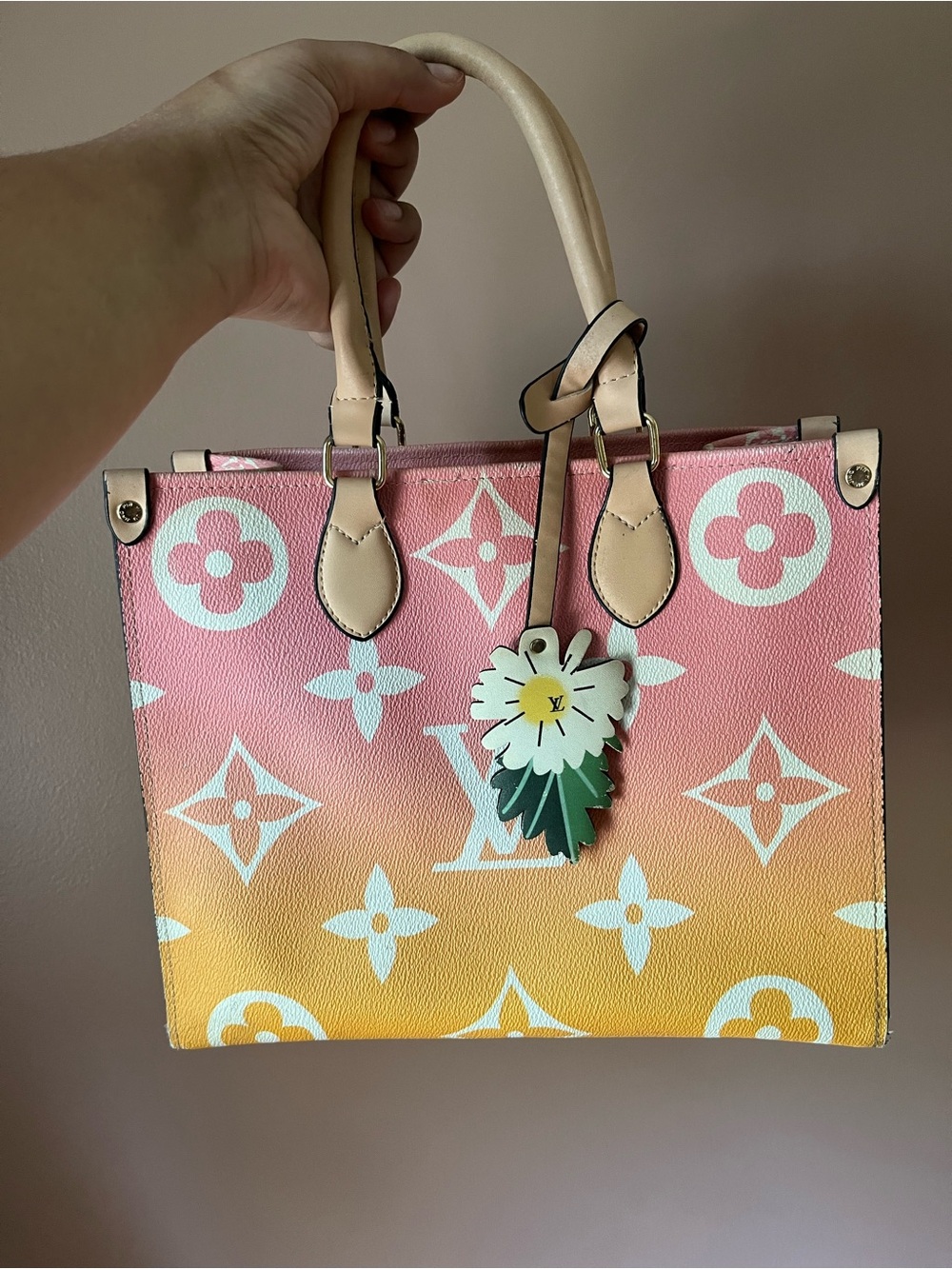 DHGate LV Pink & Yellow Gradient Monogram Tote with Daisy Charm